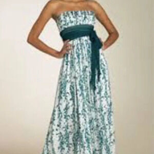 BCBGMaxAzria Green White Floral 100% Silk Strapless Maxi Dress Size 6